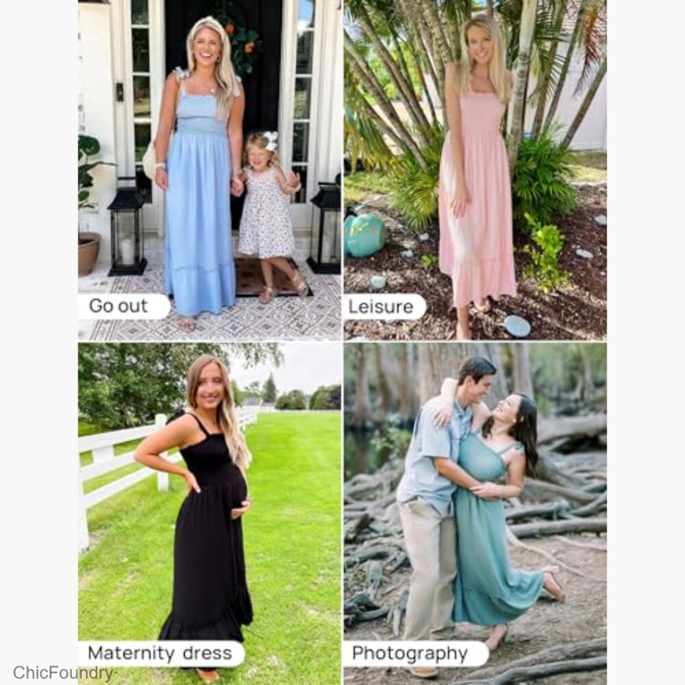 Boho Maxi Dress with Spaghetti Straps Square Neck Ruffle A-Line Beach - Picture 6 of 7